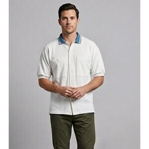 Jantzen Vintage Knit Polo Shirt Blue Striped Textured 70s 80s USA Men M Grandpa